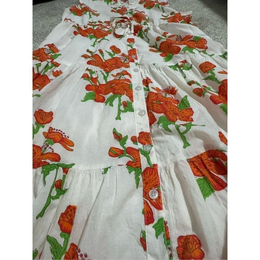 Victoria‎ Dunn White Orange Floral Tiered Maxi Dress Mandarin Collar Medium